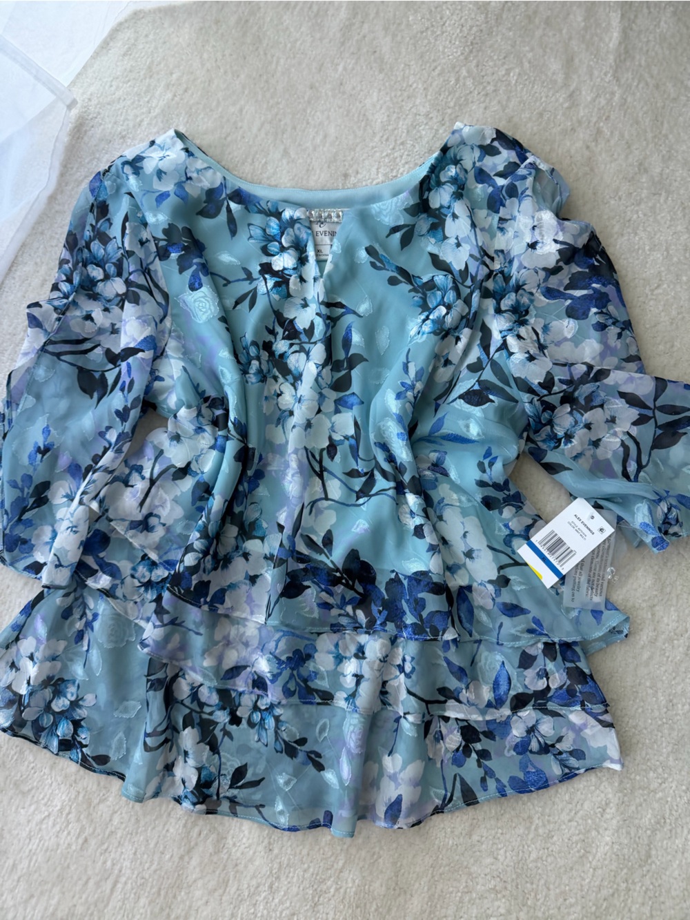 Alex Evenings Rhinestone Floral Ruffle Chiffon Blouse - Light Blue